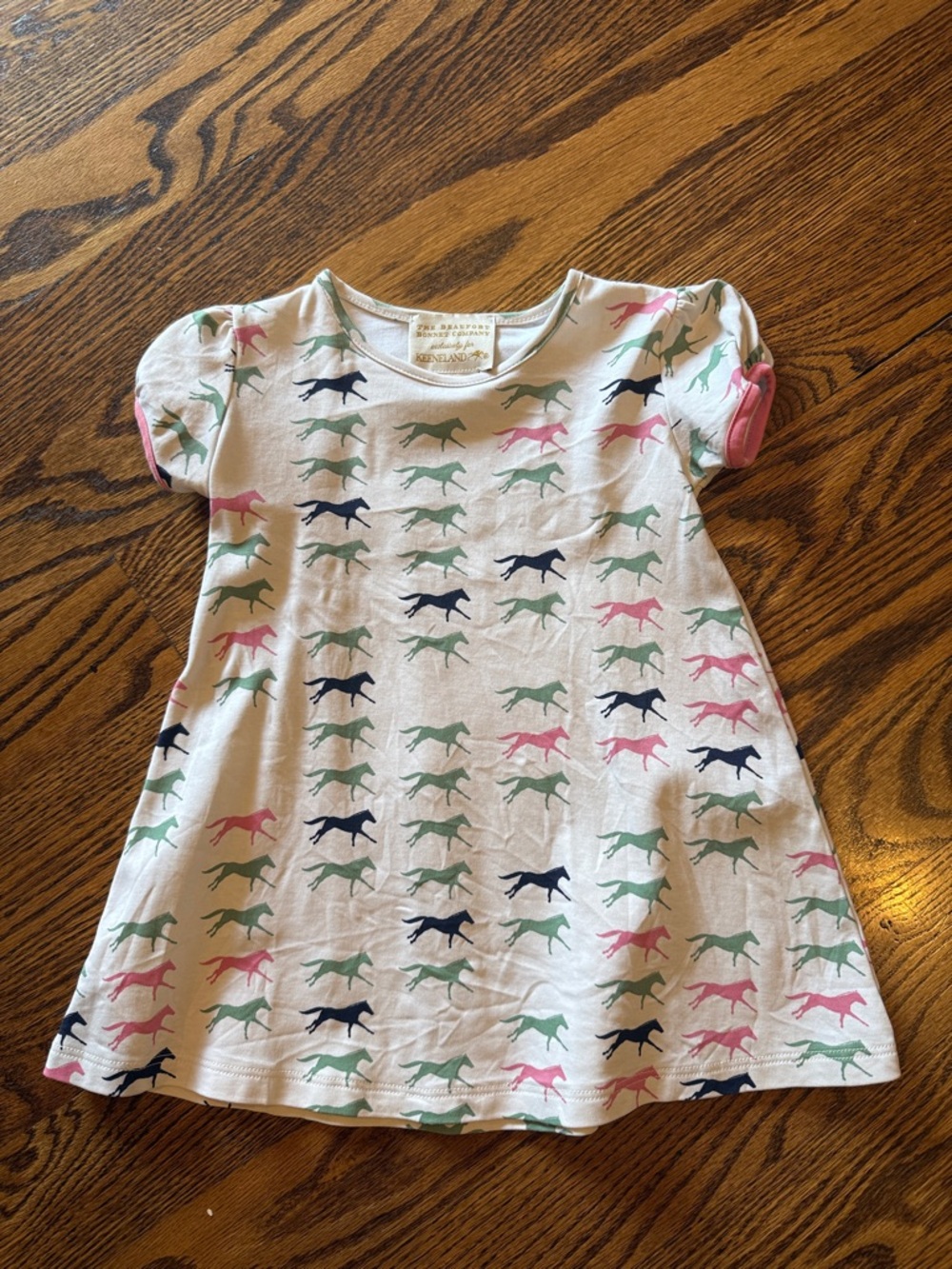 The Beaufort Bonnet Company White Dress with Pink, Green and Navy Horse Print